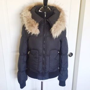 BCBG Max Azria Raccoon Fur Collar Down Puffer Coat Black